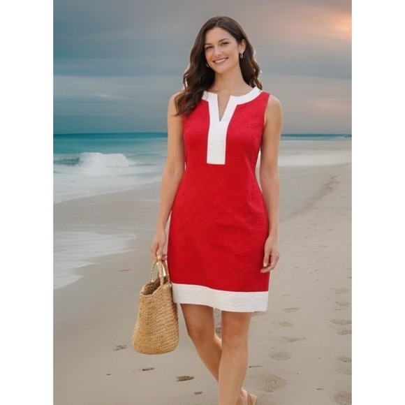 Vineyard Vines Dresses & Skirts - Vineyard Vines Red White Shift Dress Size 8 Textured Sleeveless Preppy